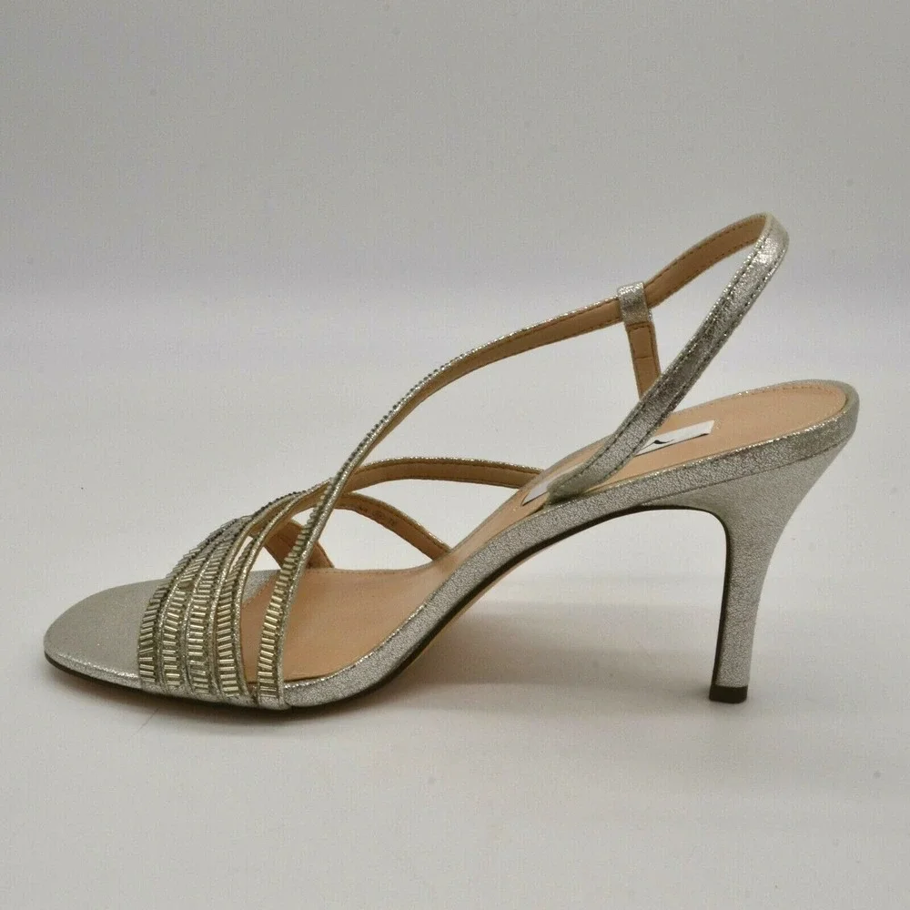 Nina New York Womens Sparkle Strappy Slingback Heels 8 Silver Leather NEW